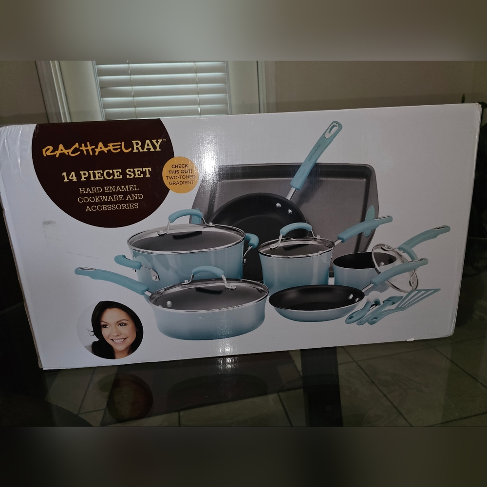 Rachael Ray Nonstick Pots and Pans Set, Marine Blue - 14Piece